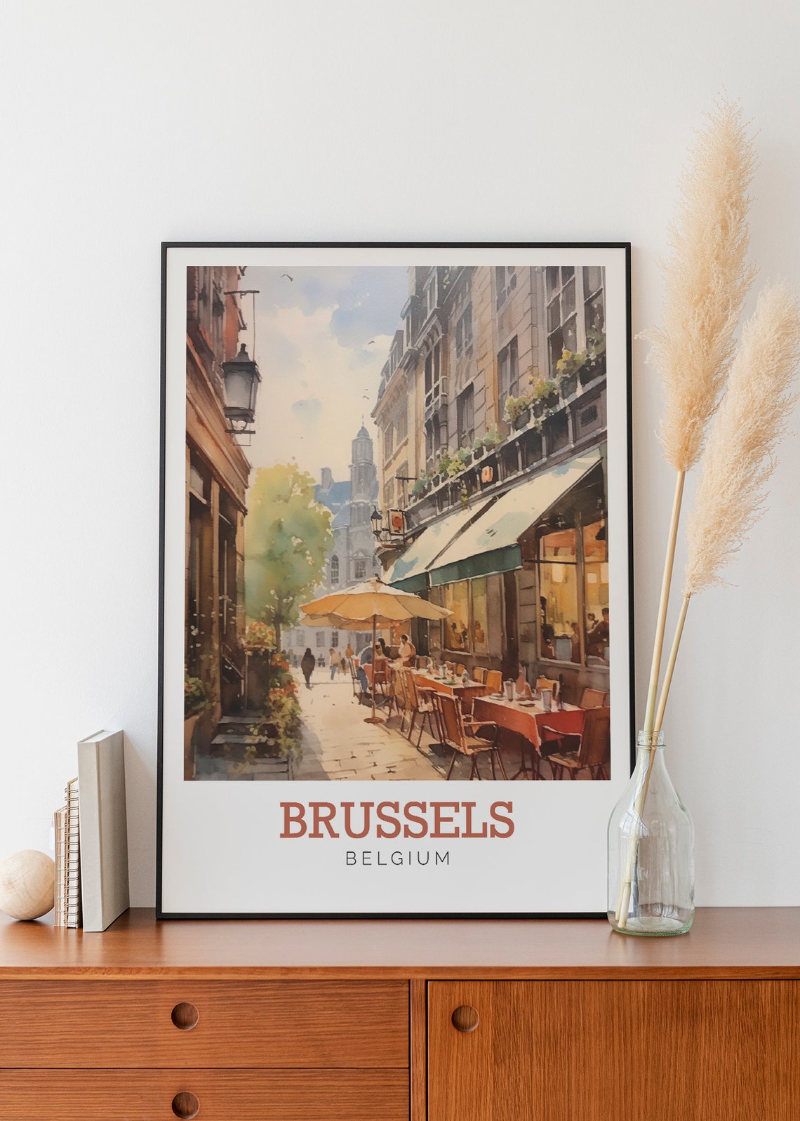 Brussels Belgium Sunny Cafe Terrace Watercolor Travel Art Poster - Image 3