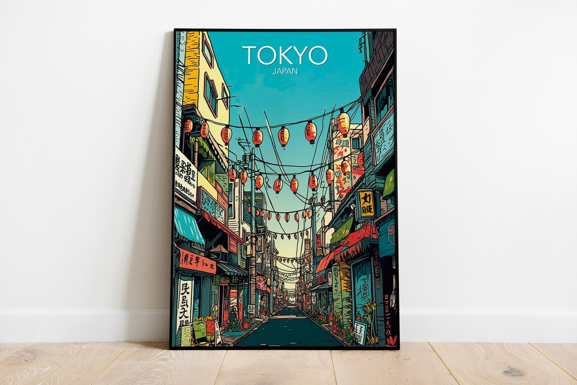 Tokyo Japan Lantern Lit Street Night Scene Vintage Travel Art Poster