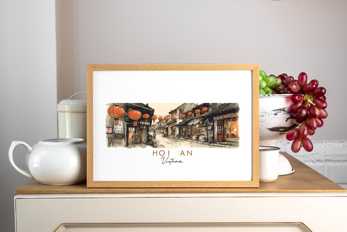 Hoi An Vietnam Lantern Street Old Town Ink Sketch Art Poster - Image 3