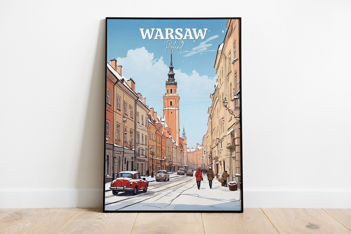 Warsaw Poland Snowy Old Town Street Winter City Travel Scene Poster