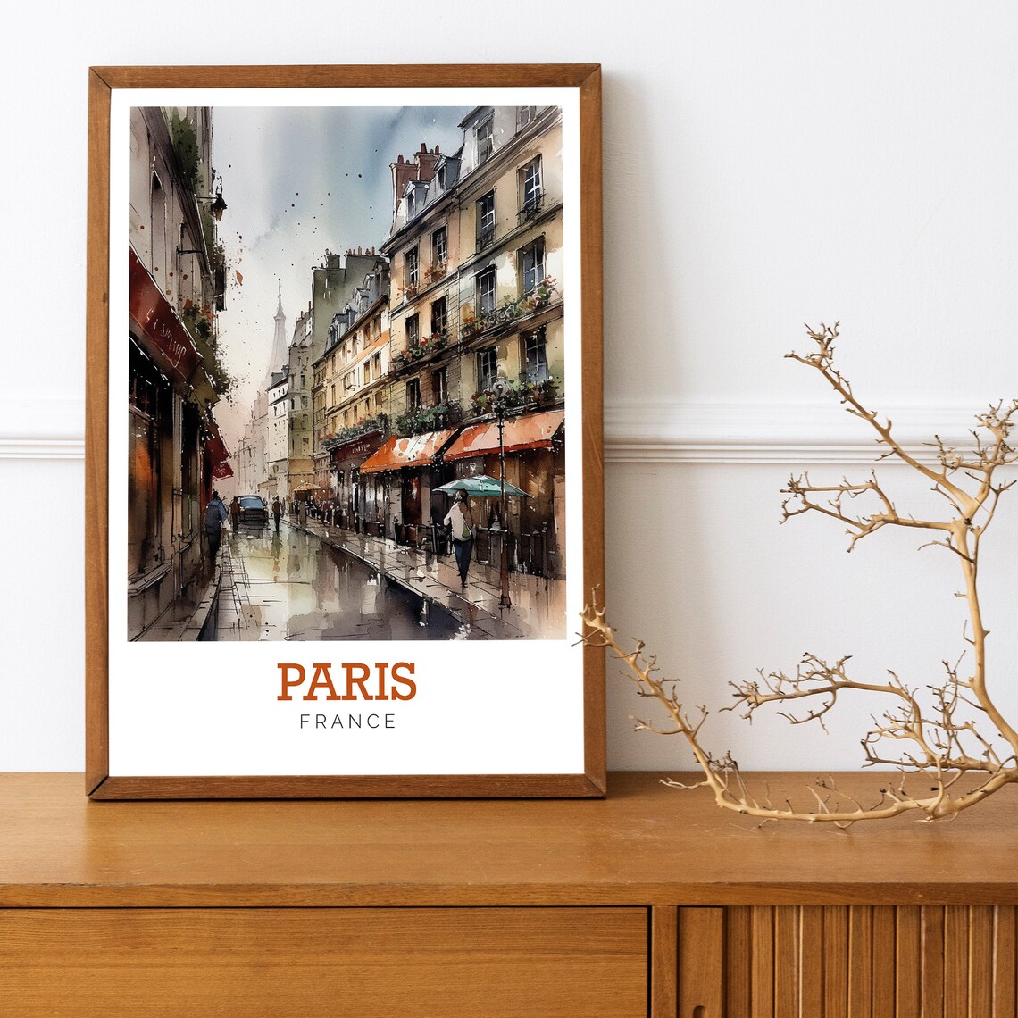 Paris France Rainy Street Cafe Watercolor Travel Art Scene Poster - Image 2