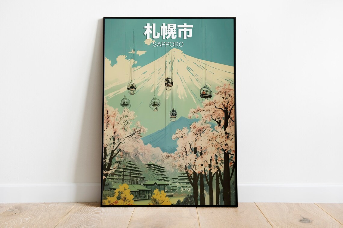 Sapporo Japan Cherry Blossom Cable Car Mountain Vintage Travel Poster