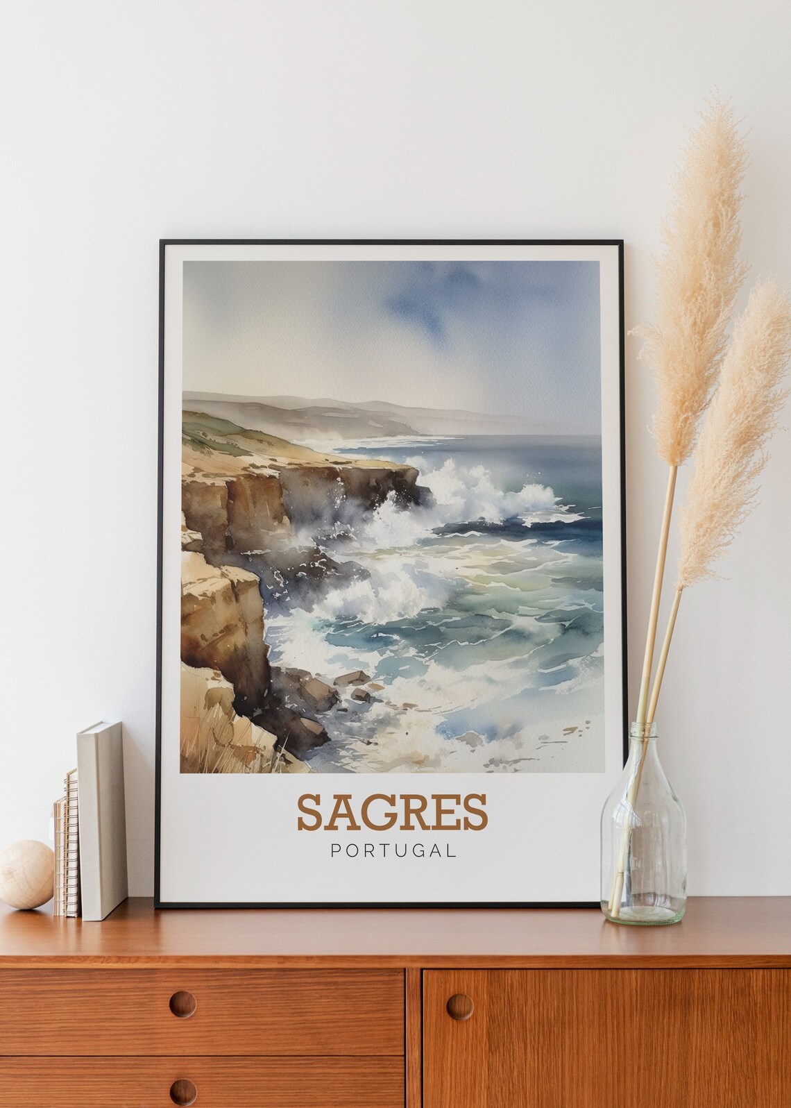 Sagres Portugal Crashing Waves Rocky Coast Watercolor Art Poster - Image 2