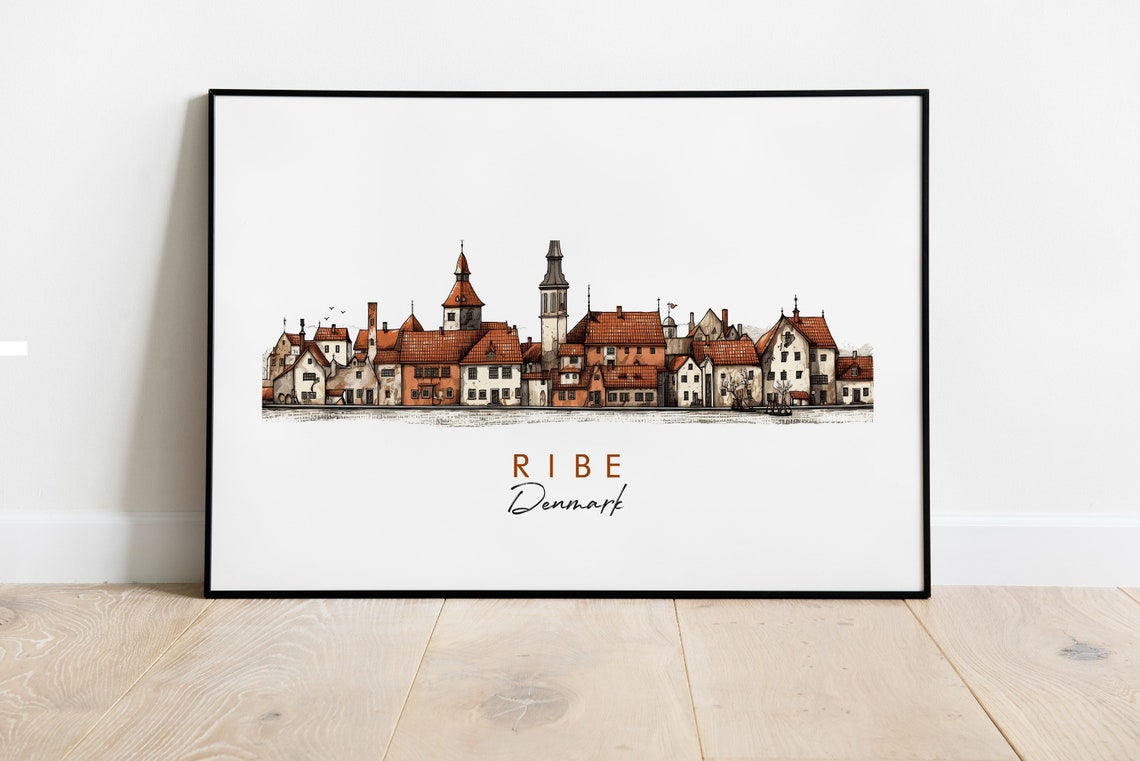 Ribe Denmark Minimalist Historic Old Town Ink Watercolor Poster