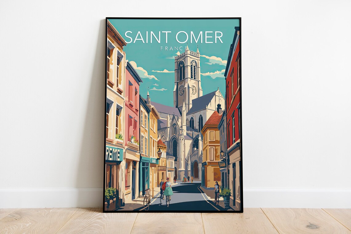 Saint Omer France Cathedral Cyclists Street Modern Travel Poster