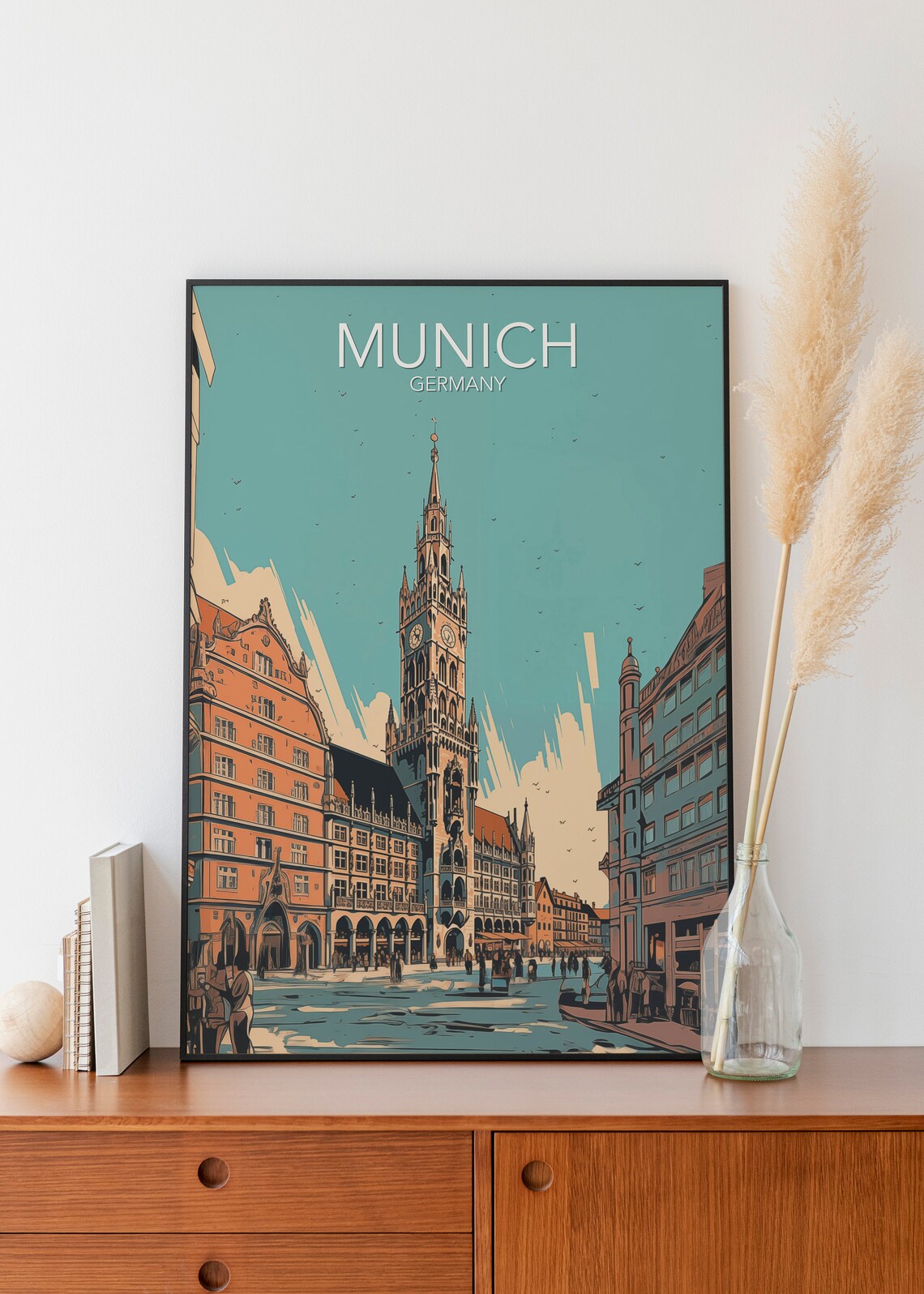 Munich Germany Marienplatz Clock Tower Street Scene Art Poster - Image 3