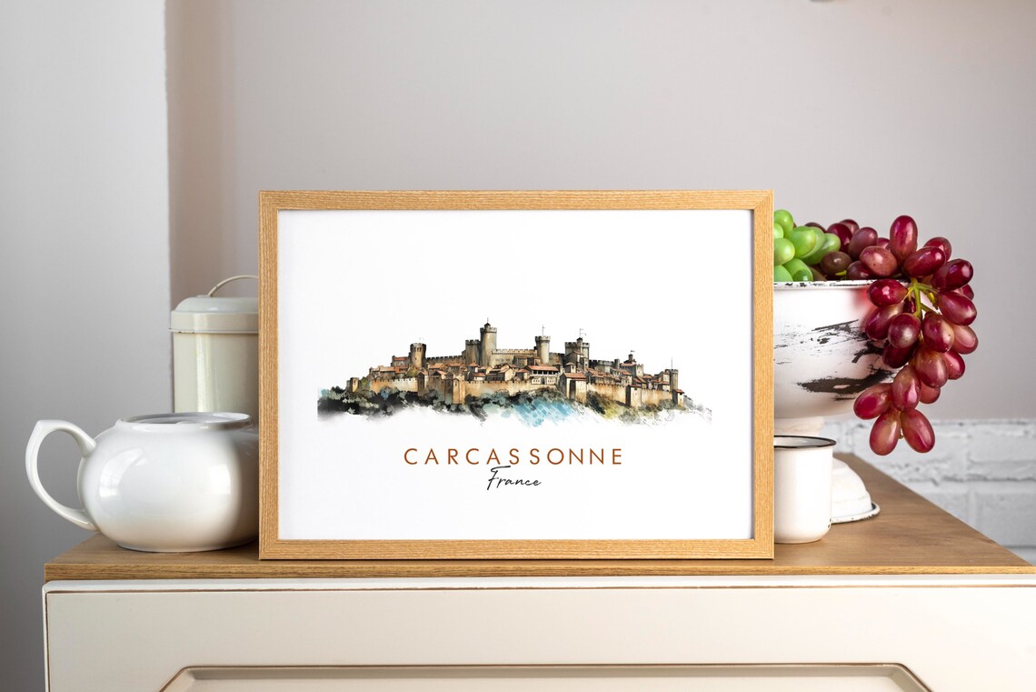 Carcassonne France Medieval Citadel Ink Watercolor Travel Poster - Image 3
