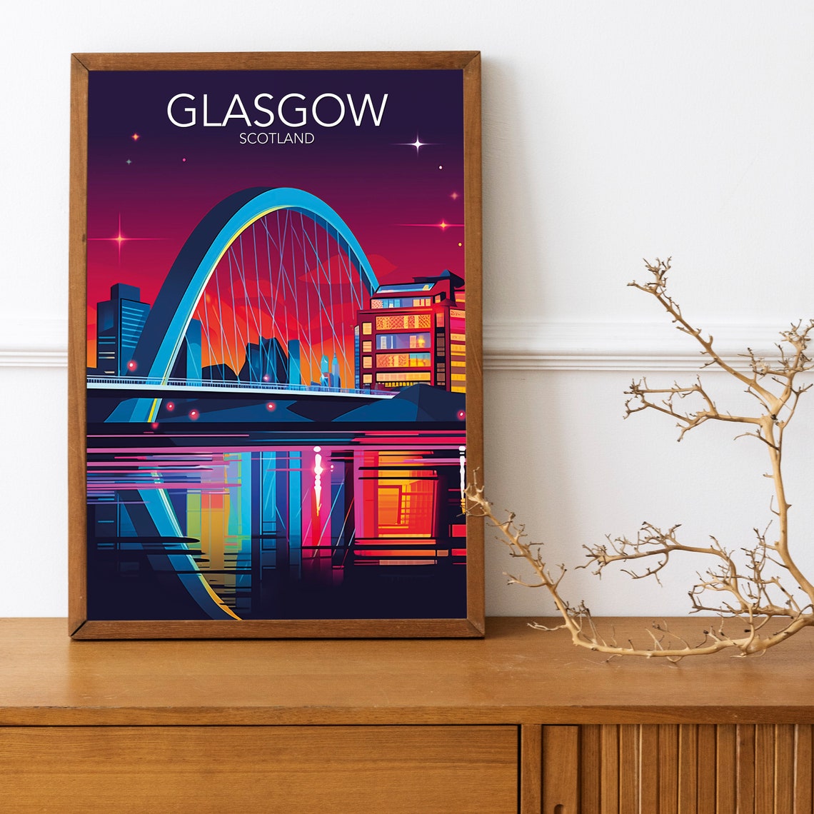 Glasgow Scotland Clyde Arc Bridge Night Skyline Neon Art Poster - Image 3