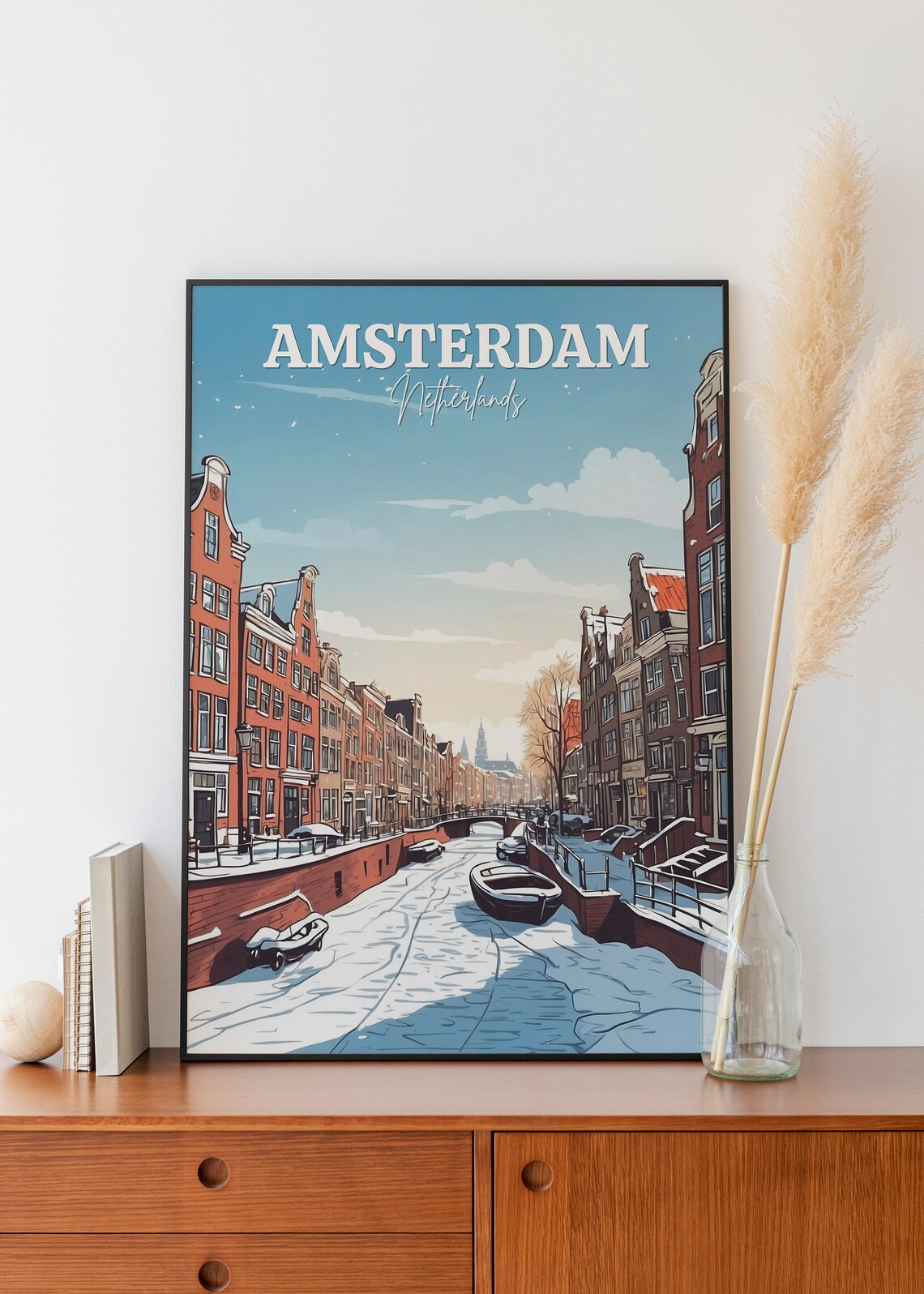Amsterdam Netherlands Frozen Canal Winter Gabled Houses Poster - Image 2