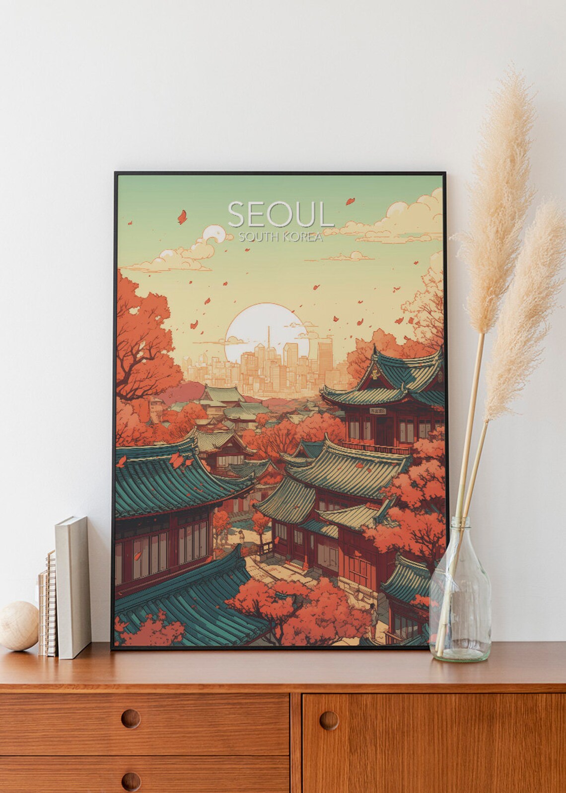 Seoul Palace Roofs Autumn Foliage South Korea Vintage Travel Poster - Image 2