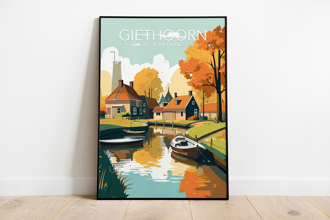 Giethoorn Netherlands Canal Village Autumn Boats Vintage Art Poster