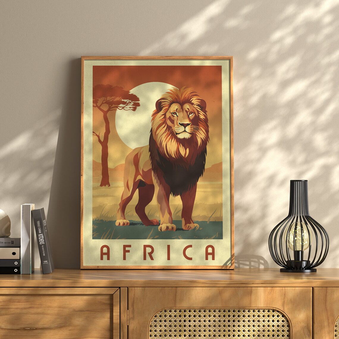 Bold Africa Lion Sunset Safari Vintage Wildlife Travel Poster
