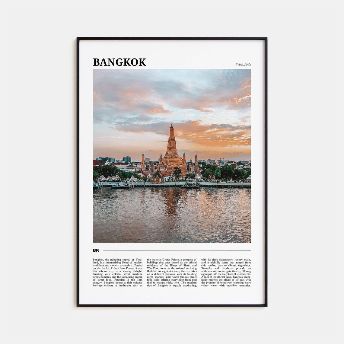 Bangkok Thailand Travel Poster Wat Arun Temple River Sunset View