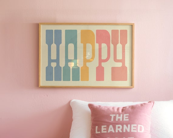 Happy Typography Poster Gift For Girl Colorful Print Happy Boho Decor Birthday Gift For Teen Girl Happy Baby Rainbow Nursery Wall Art