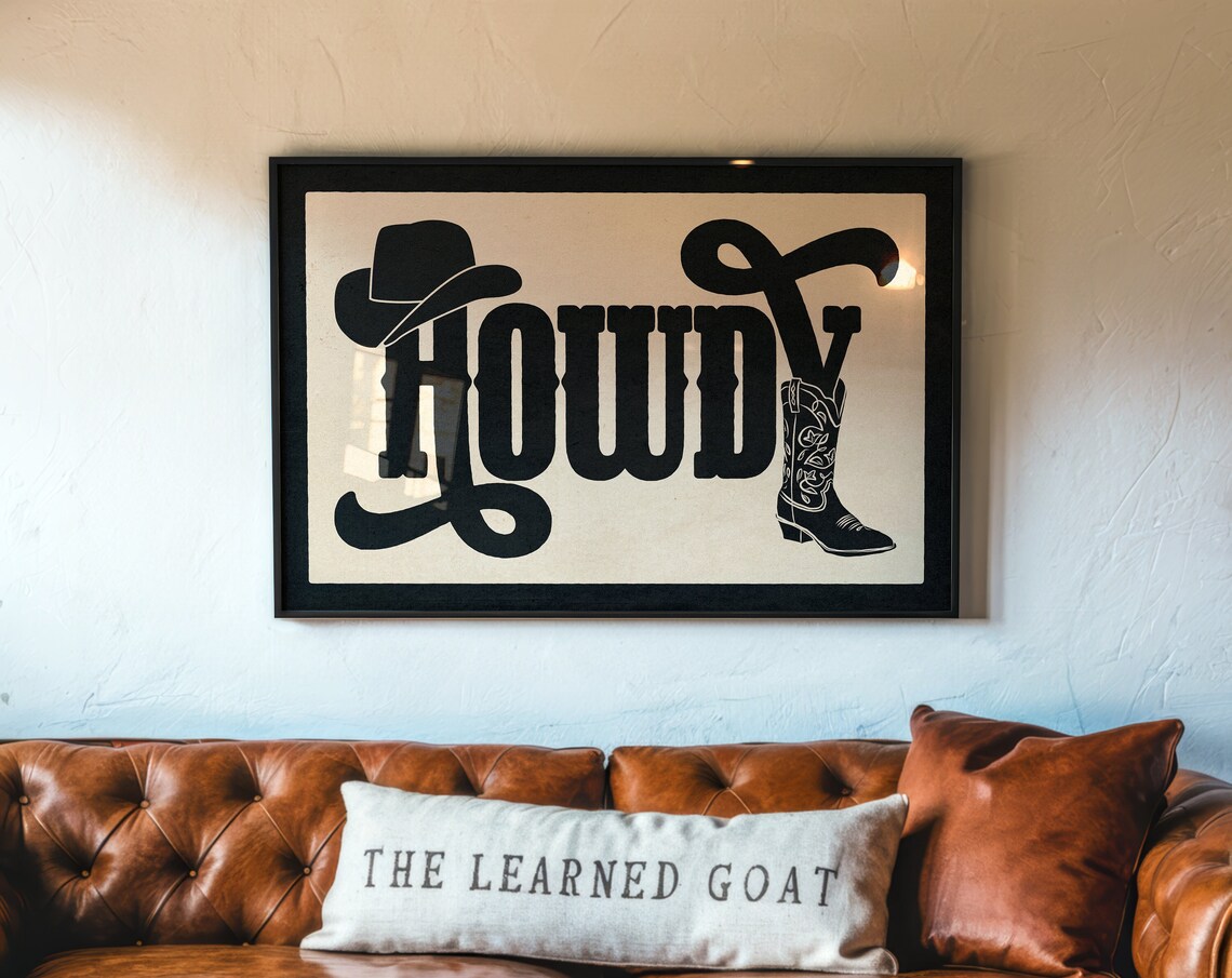 Howdy Western Typography Cowboy Hat Boot Black Cream Farmhouse Print
