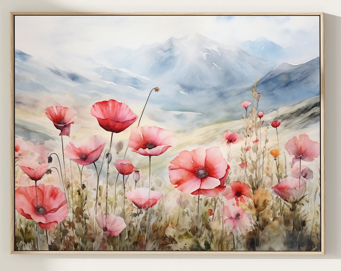 Red Poppies Blooming Field Misty Mountain Backdrop Watercolor Poster