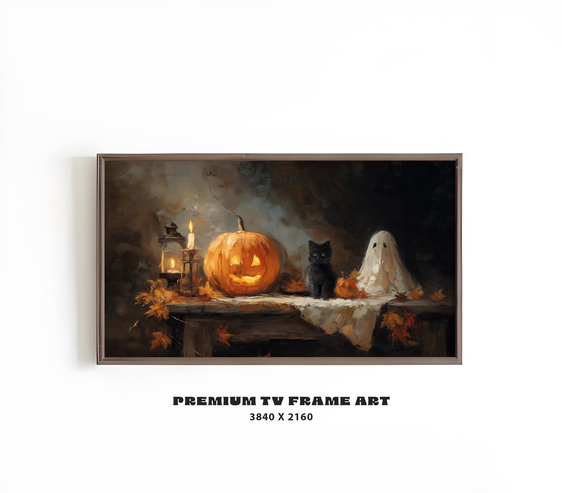 Vintage Halloween Pumpkin Black Cat Ghost Candlelight Art Poster