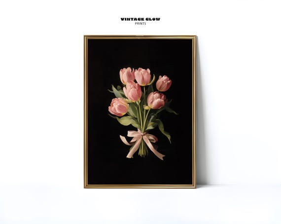 Coquette Tulip Bouquet Print Blush Pink Bow Wall Art Dark Y2k Girly Decor Cute Room Style V302