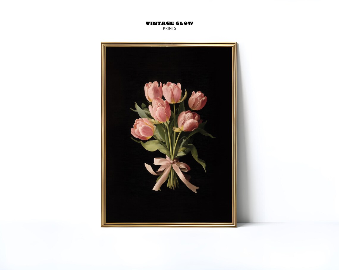 Blush Pink Tulip Bouquet With Bow Vintage Dark Floral Painting Poster
