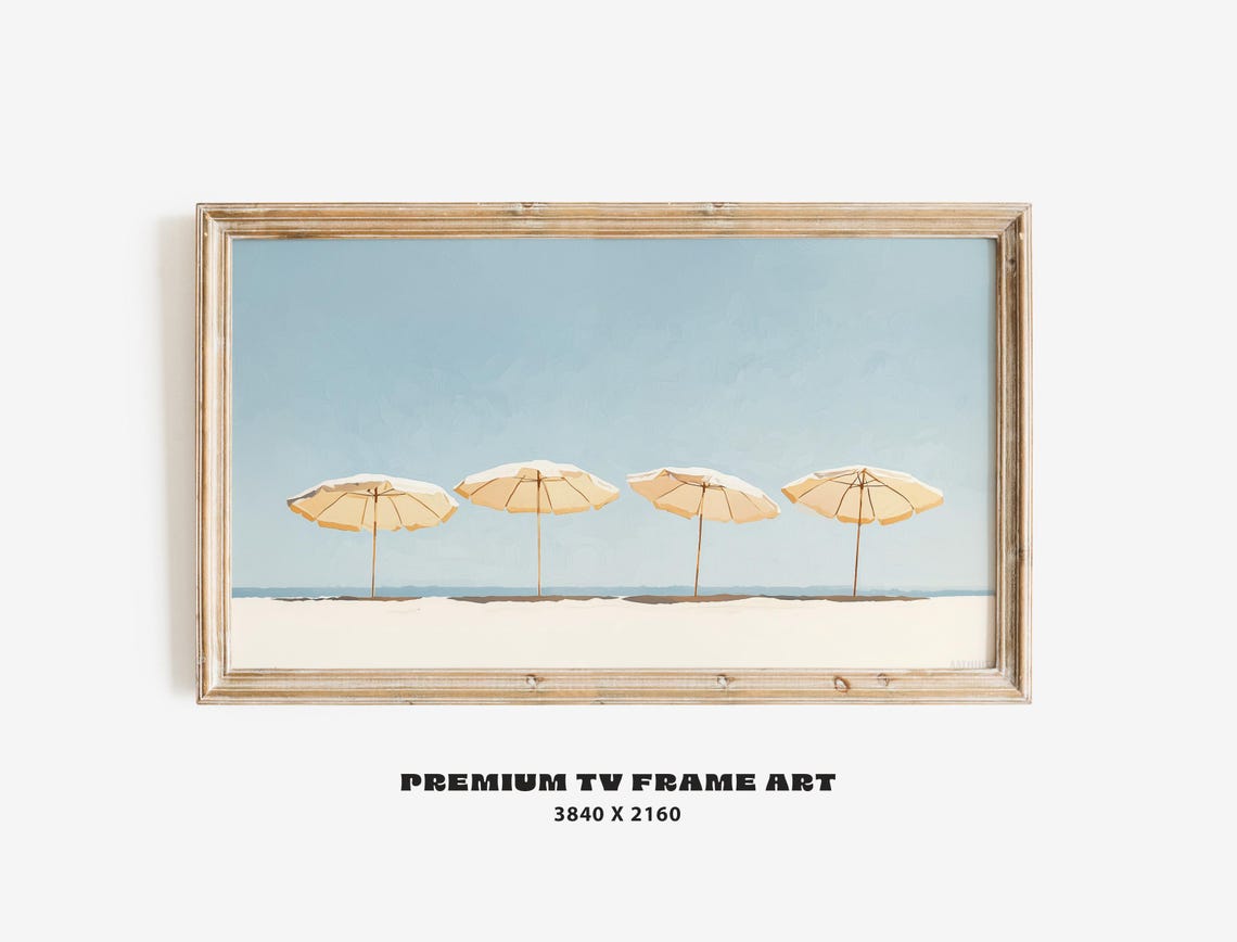 Muted Beach Umbrellas Minimalist Coastal Painting Sand Sea Poster