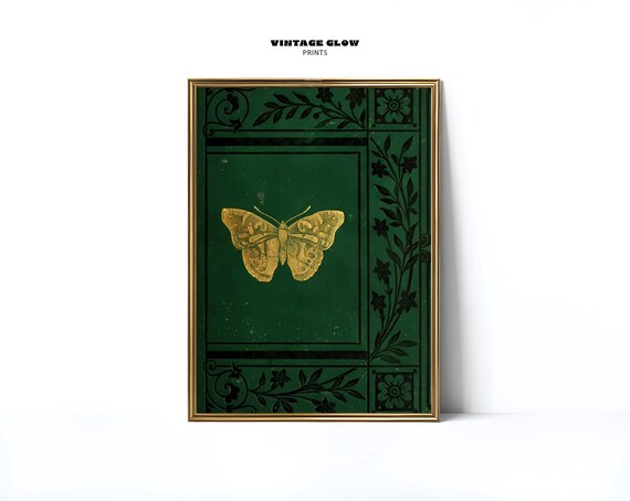 Emerald Green Book Cover Gold Butterfly Vintage Botanical Art Poster