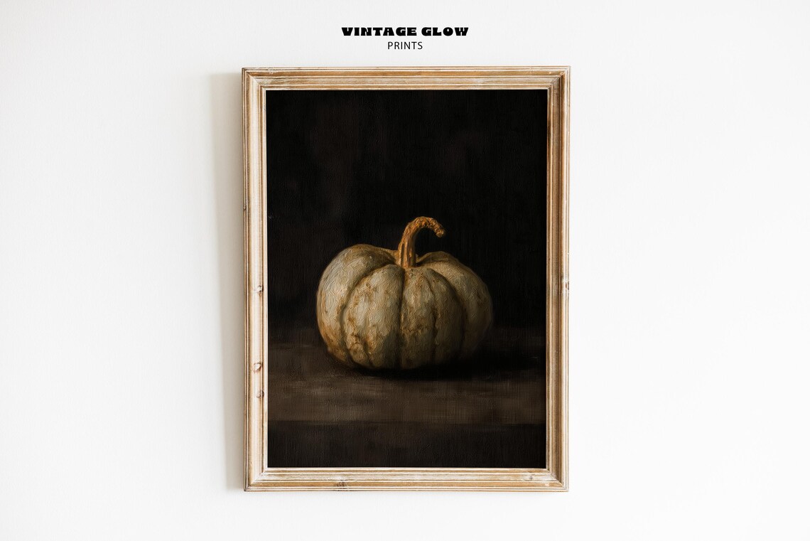 Moody Rustic Pumpkin Still Life, Vintage Autumn Art Print