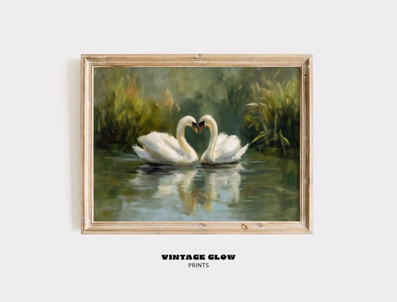 Vintage Swan Couple Art Print, Neutral Farmhouse Decor