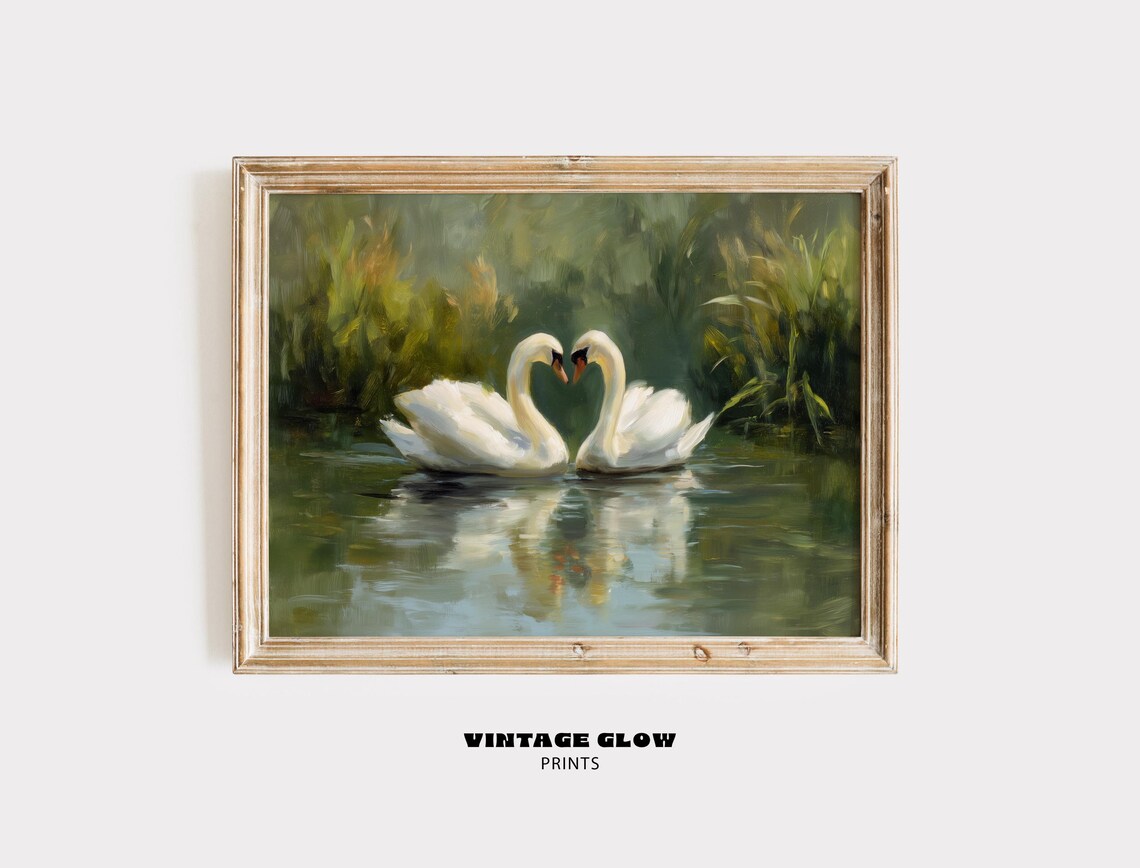 Vintage Swan Couple Art Print, Neutral Farmhouse Decor