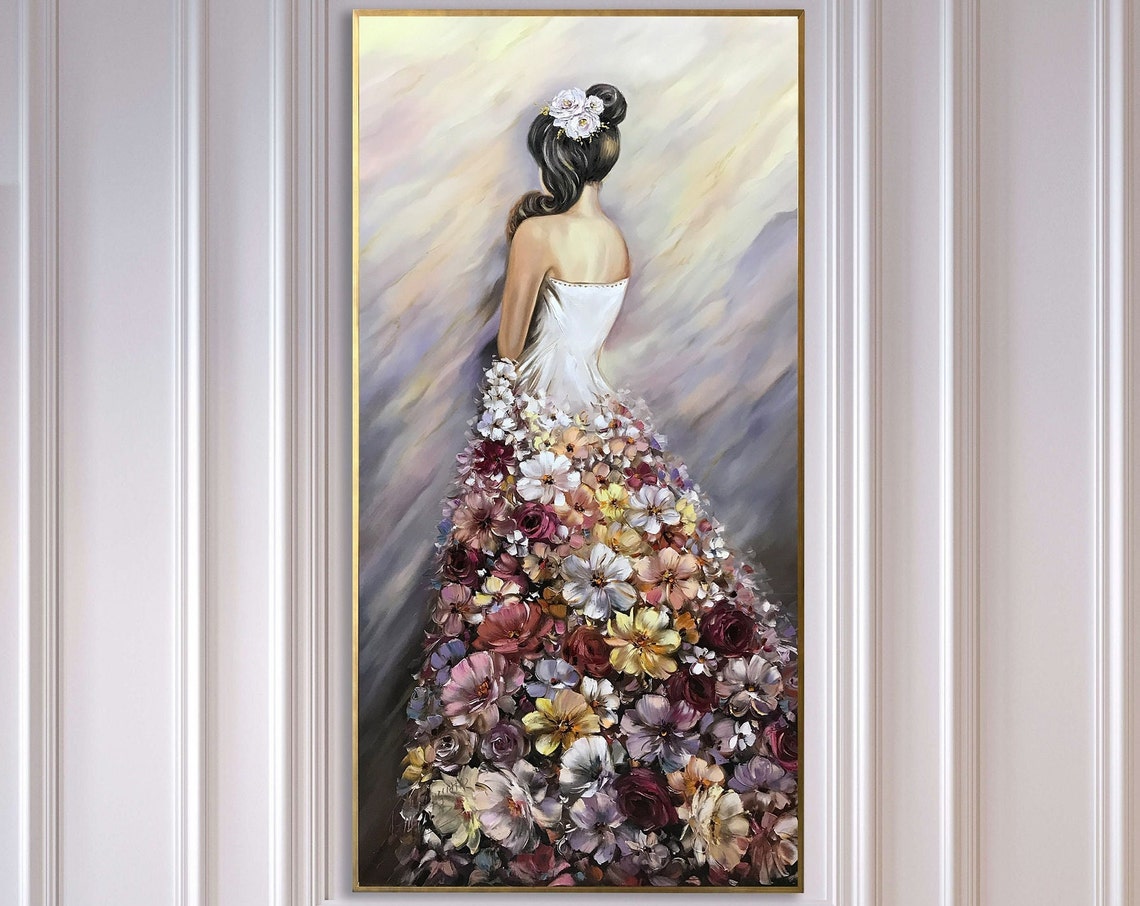 Woman In Flower Dress Oil Painting Original 30x60 Wall Art Extra Large Girl In Floral Dress Painting Modern Woman Back Painting - Image 3