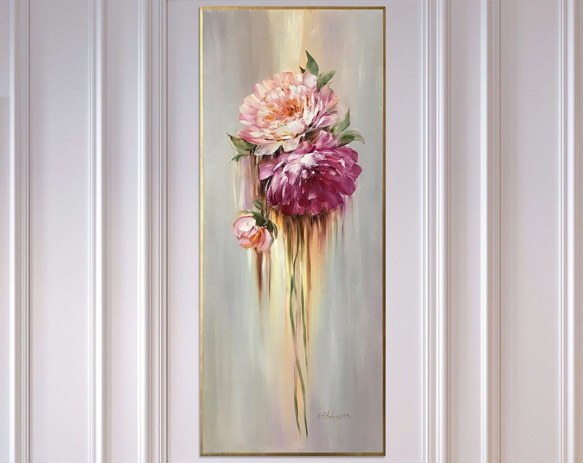 Peonies Oil Painting, Long Narrow Wall Art Print