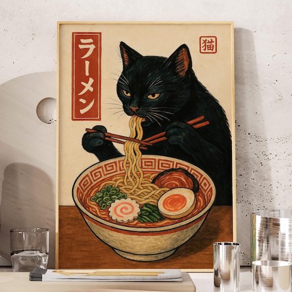 Funny Black Cat Eating Ramen Japanese Food Poster Kitchen Print Retro Wall Art Lover Gifts Noodle