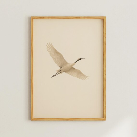 Minimalist Flying White Crane Watercolor Japanese Style Art Print