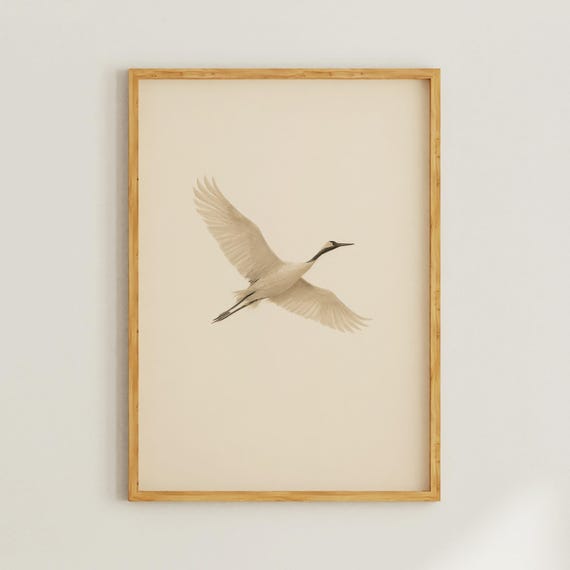 Minimalist Japandi Flying Crane Wall Art Print Neutral Japanese Zen Bird Poster Calm Decor For Living Room Or Bedroom