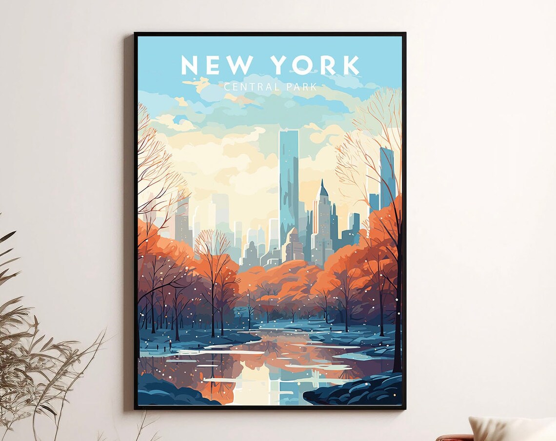 New York Central Park Autumn Skyline Travel Illustration Poster