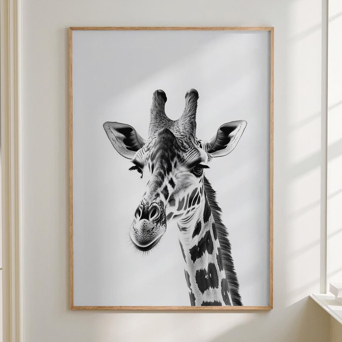 Giraffe Head Portrait in Black and White Minimalist Elegant Animal Poster