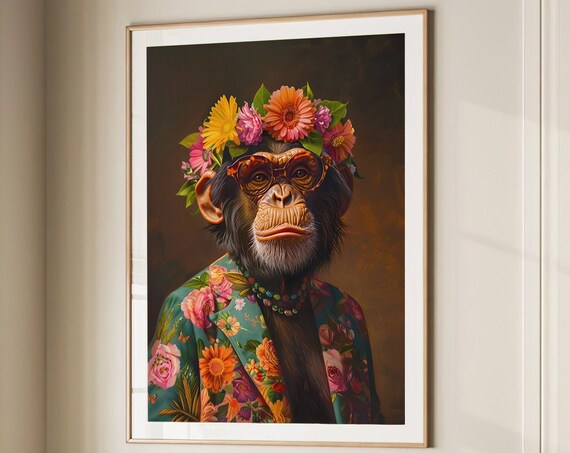 Chimpanzee in Heart Sunglasses Flower Crown and Floral Blazer Poster