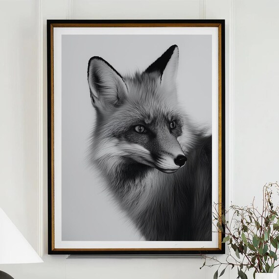 Black and White Fox Profile Close Up Wildlife Photography Poster