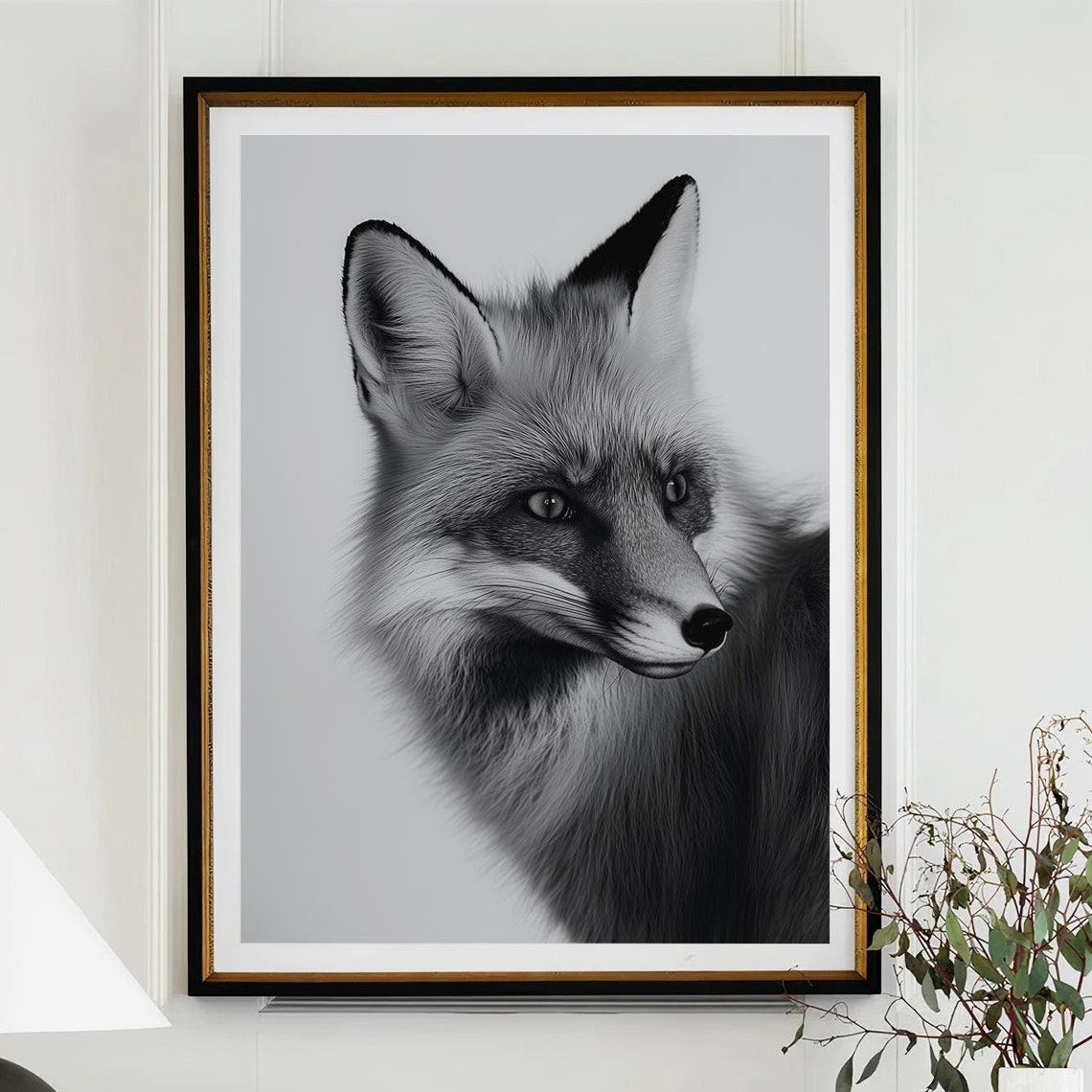 Black and White Fox Profile Close Up Wildlife Photography Poster