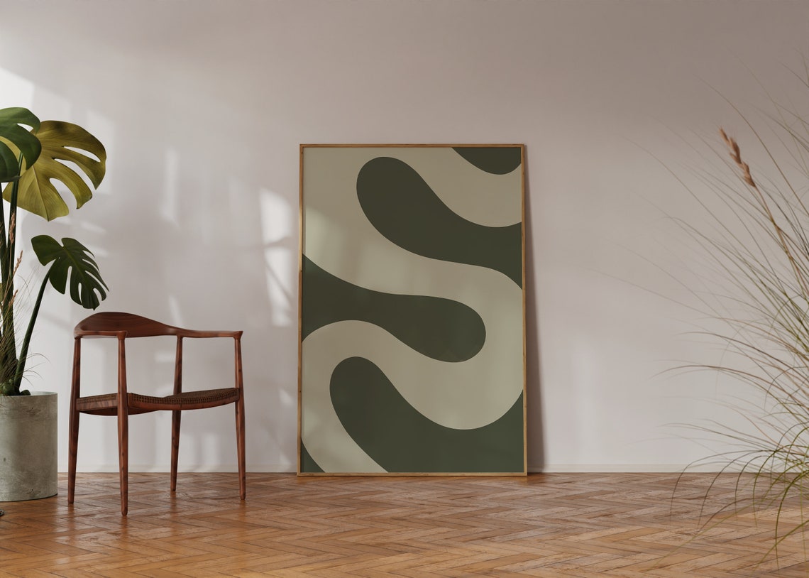 Olive Green Wavy Curves Abstract Cream Minimalist Wall Poster - Image 4