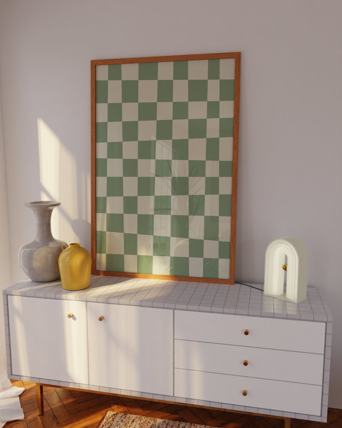 Sage Green White Checkerboard Fresh Airy Retro Pattern Art Poster - Image 3