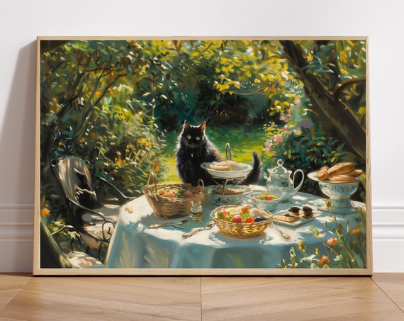 Black Cat Garden Wall Art Oil Painting Monet Print Nature Lovers Plant And Trees