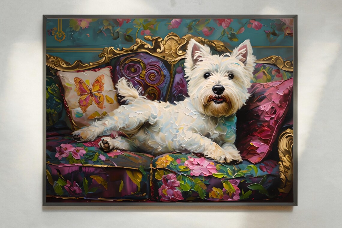 Westie Dog Lounging on Vintage Floral Sofa Impasto Painting Print