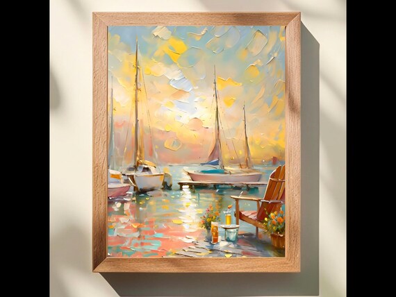Sailboats Sunset Impasto Oil Painting Coastal Scene Art Poster