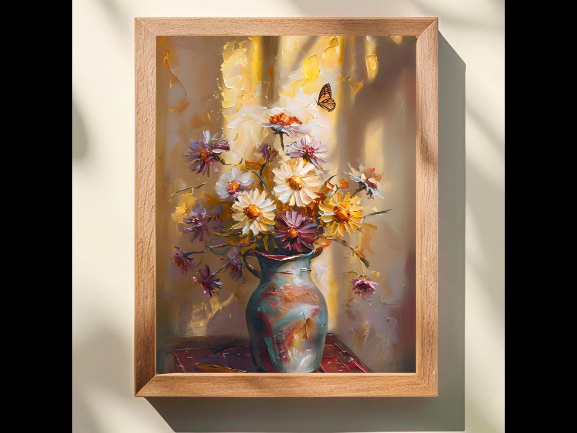 Aster Flower Vase Impasto Golden Light Still Life Art Poster
