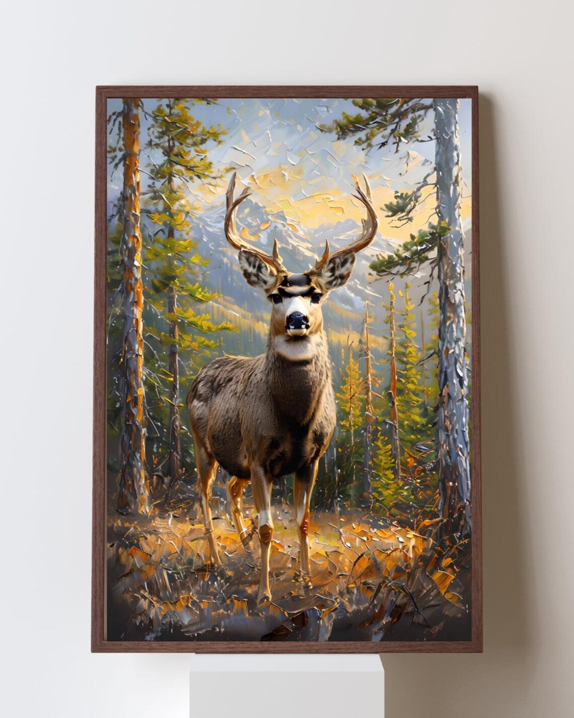 Mule Deer Buck Standing Alert in a Golden Autumn Pine Forest Poster