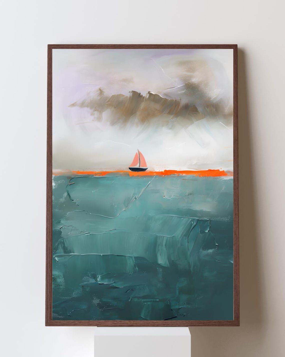 Stormy Teal Sea With Tiny Sailboat Orange Horizon Moody Wall Poster