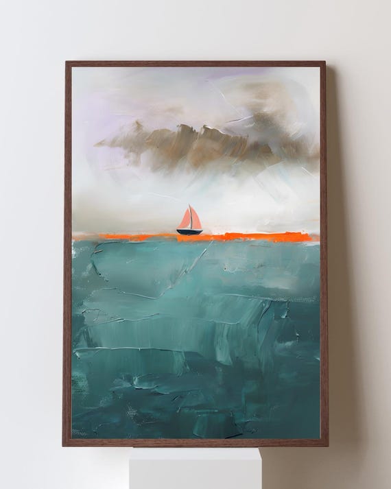 Stormy Sea Painting With Sailboat Moody Wall Art Nautical Horizon Scene Emotional Ocean Print For Him Coastal Bedroom Decor