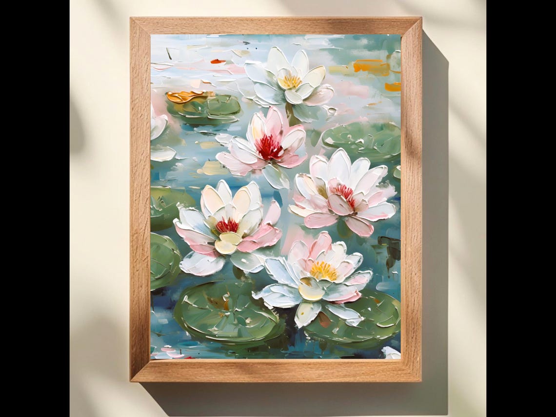 White Water Lily Blossoms Impasto Floral Pond Painting Poster