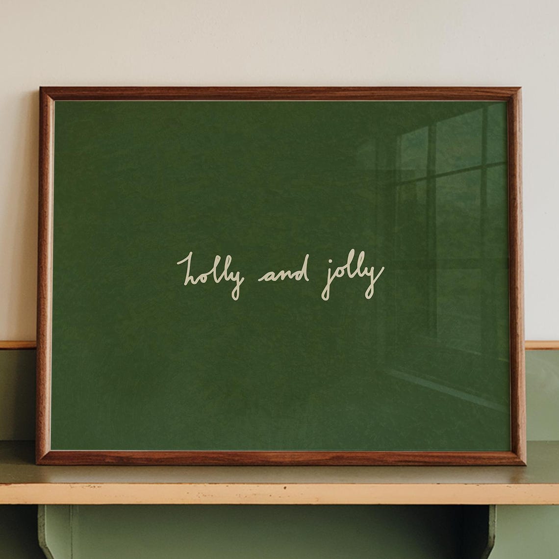 Holly And Jolly Script Deep Green Minimalist Christmas Quote Wall Art