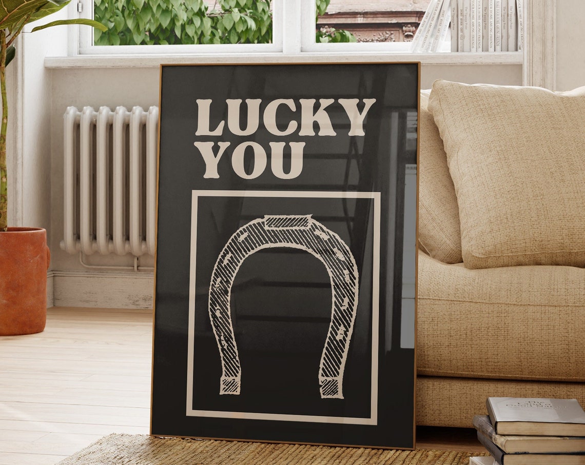 Lucky You Cream Horseshoe On Black Bold Retro Typography Poster - Image 2